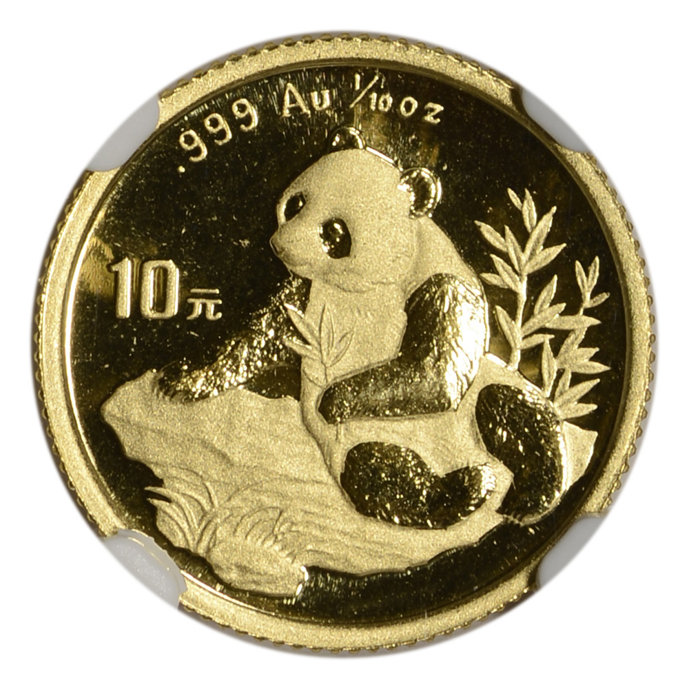 1998 China Gold Panda (1/10 oz) 10 Yuan - Small Date - NGC MS69