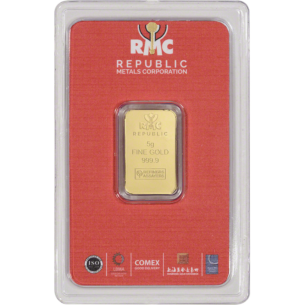 5 gram RMC Gold Bar Republic Metals Corp 999.9 Fine in Sealed Assay