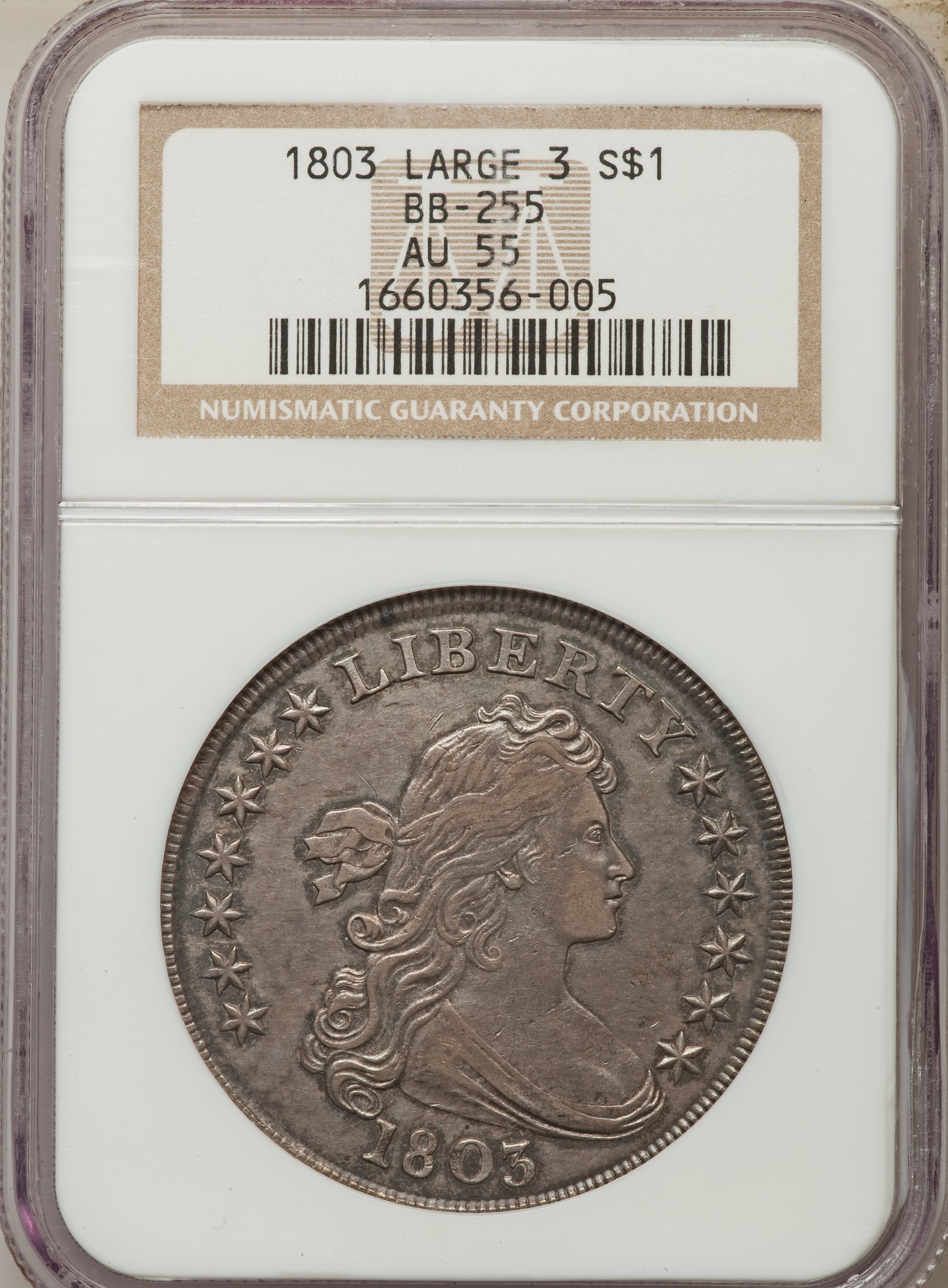 1803 US Silver 1 Draped Bust Dollar Large 3, B6, BB255 NGC AU55