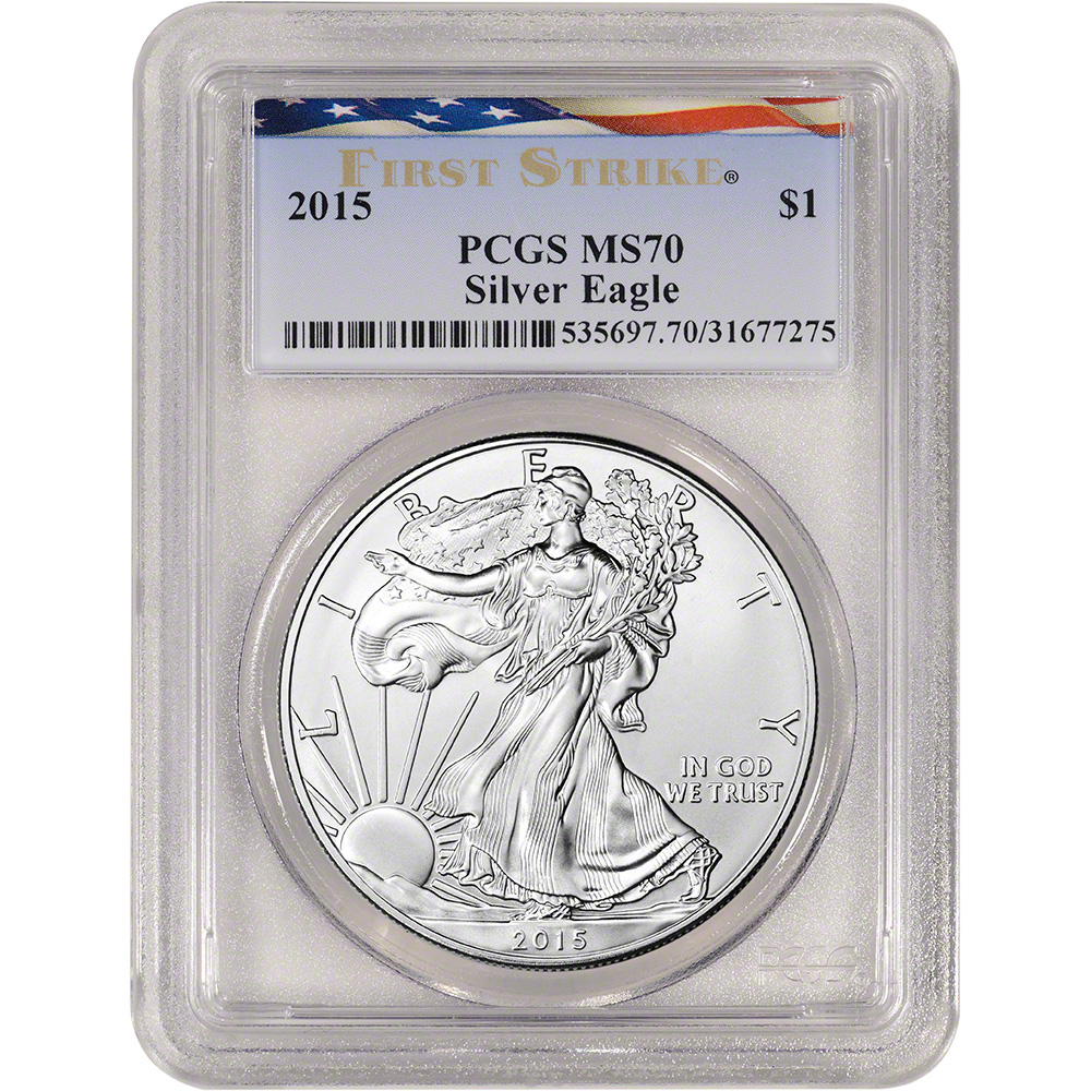 2015 SILVER EAGLE PCGS MS70 FLAG MERCANTI FIRST STRIKE LABEL