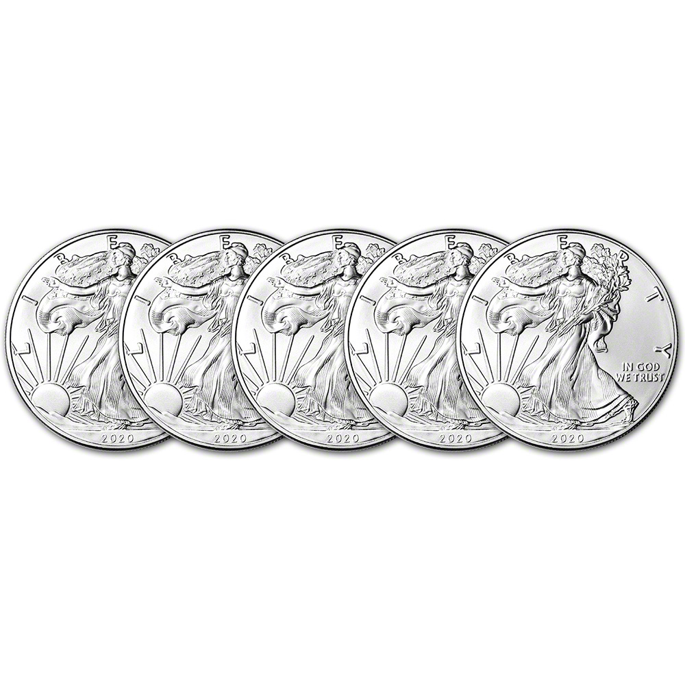 2020 American Silver Eagle 1 oz $1 – BU – Five 5 Coins