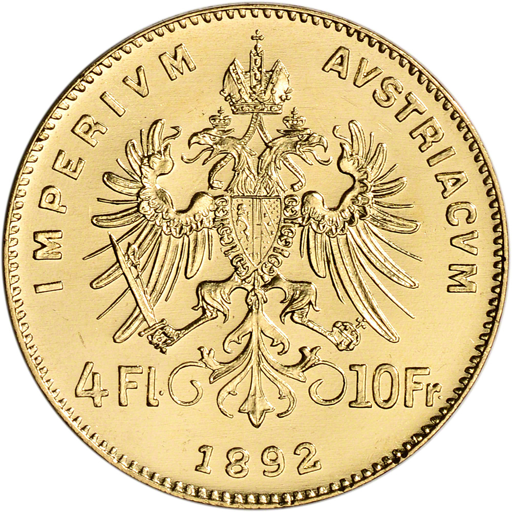 1892 Austria Gold 4 Florin 10 Francs .0933 oz - Franz Joseph I