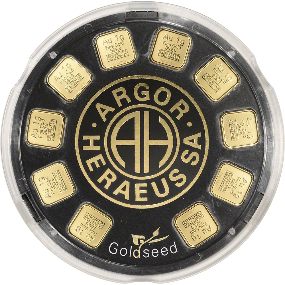 10 x 1 gram Gold Bar – Argor Heraeus Goldseed – 999.9 Fine in Dispenser