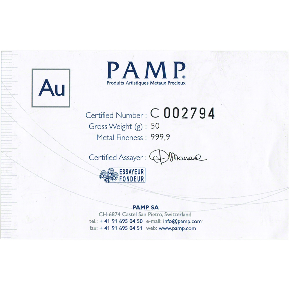 50 gram Gold Bar - PAMP Suisse - Poured - 999.9 Fine with Assay