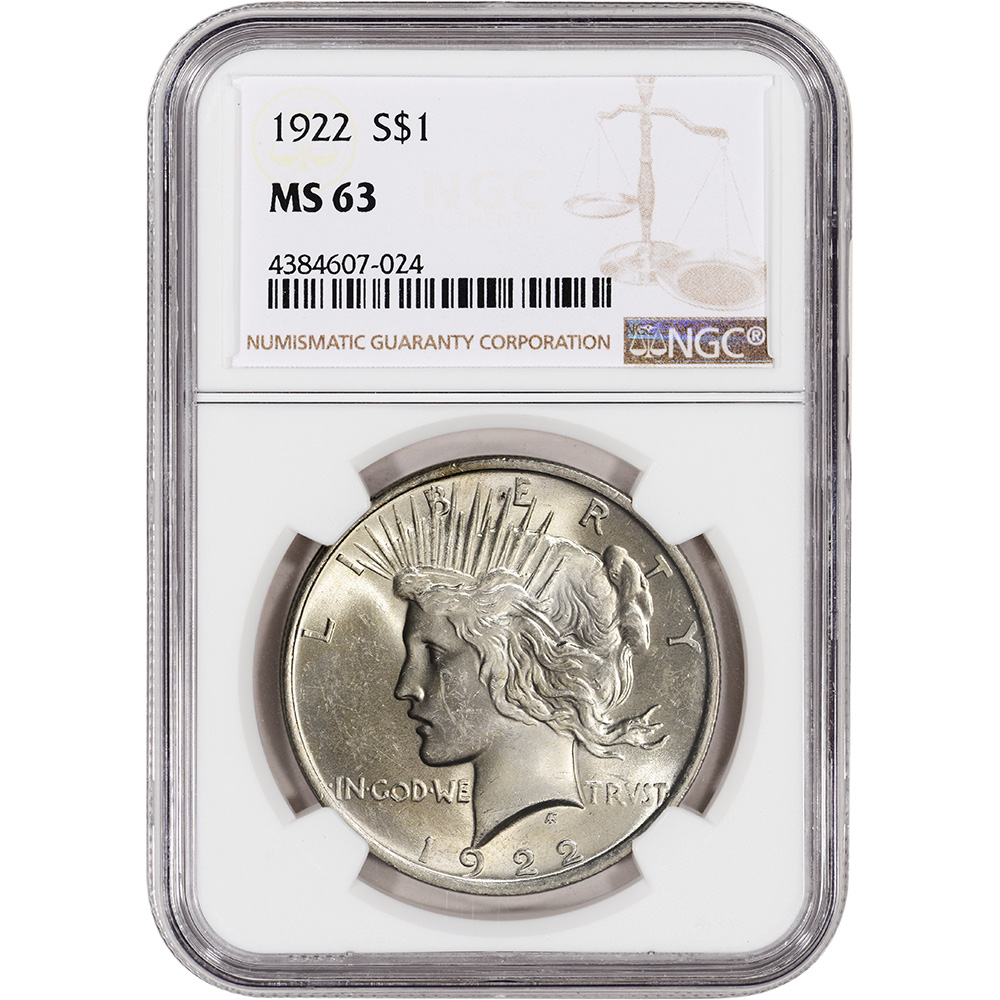 1922 US Peace Silver Dollar $1 – NGC MS63