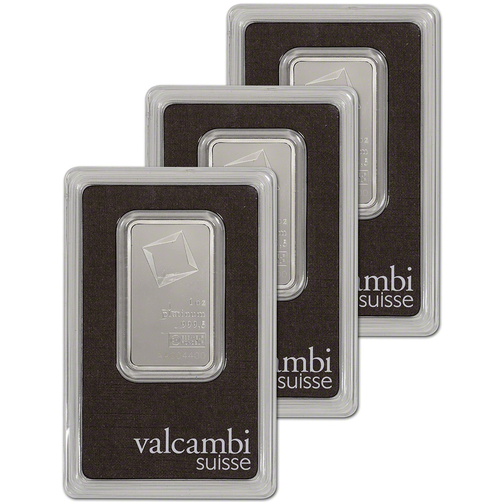 1 oz. Platinum Bar – Valcambi Suisse – 999.5 Fine in Assay – Three 3 Bars
