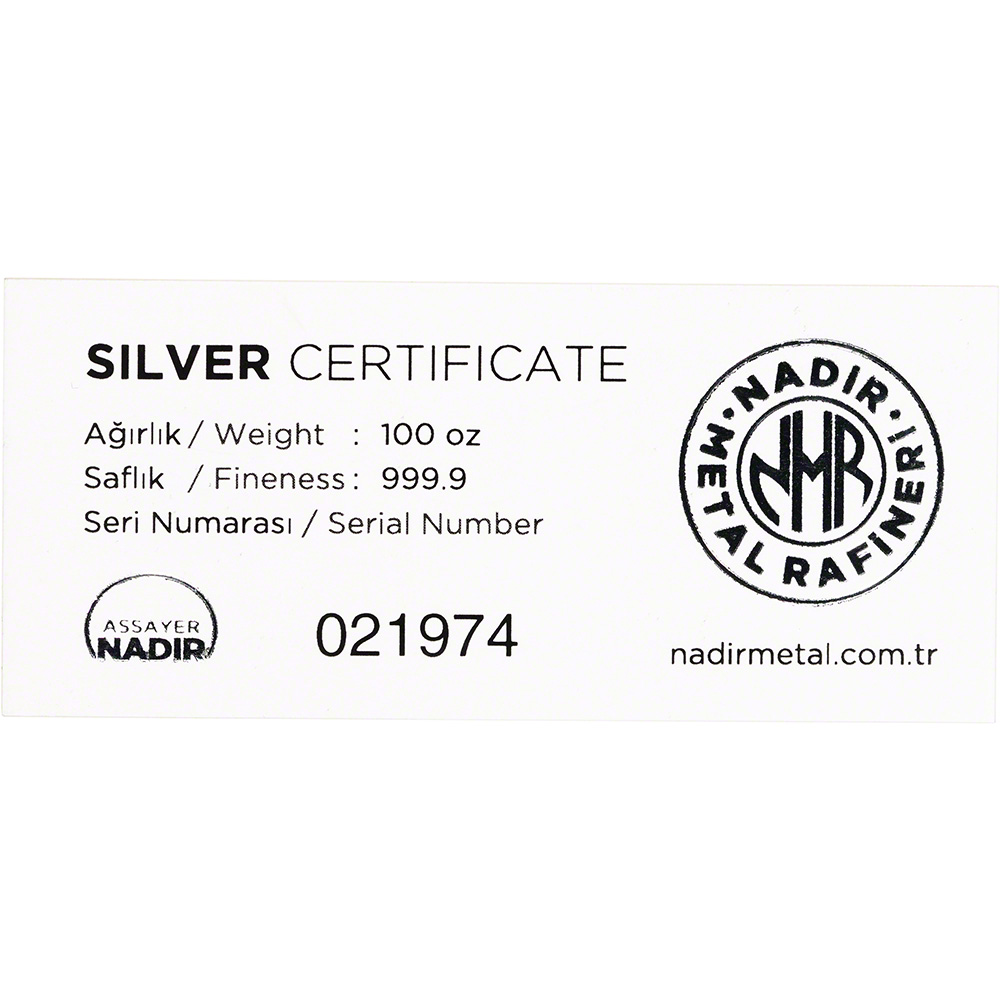 100 oz. Nadir Metal Rafineri Refinery Silver Bar – 999.9 Fine – Actu-tun