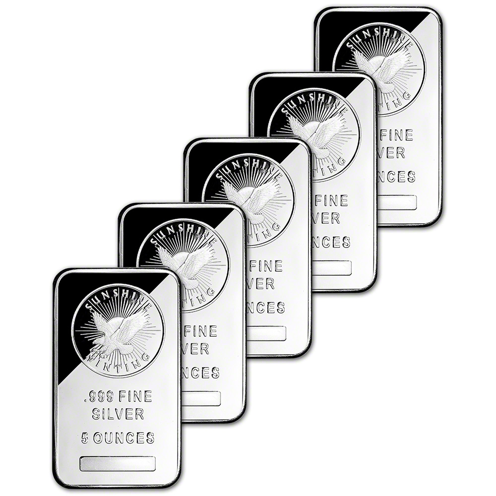 FIVE (5) 5 oz. Silver Bar - Sunshine Minting - .999 Fine - Sealed