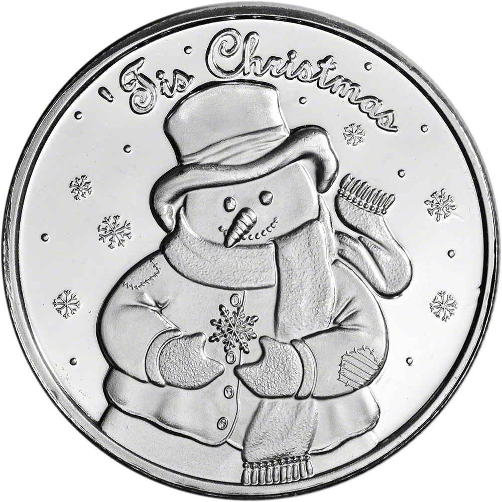FIVE (5) 1 oz. Silver Round SilverTowne Snowman Tis Christmas .999