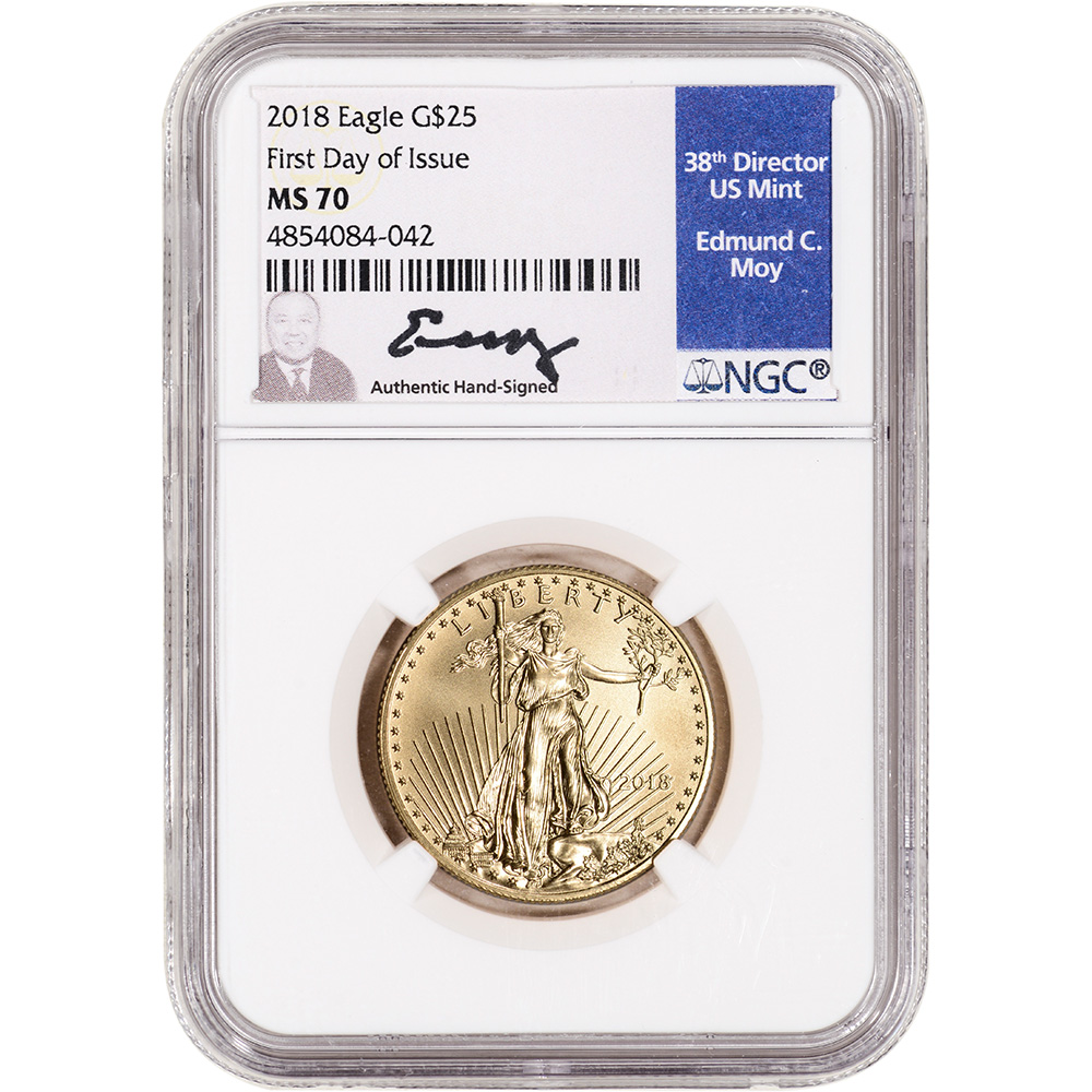 2018 American Gold Eagle 1/2 oz $25 - NGC MS70 First Day of Issue Moy ...