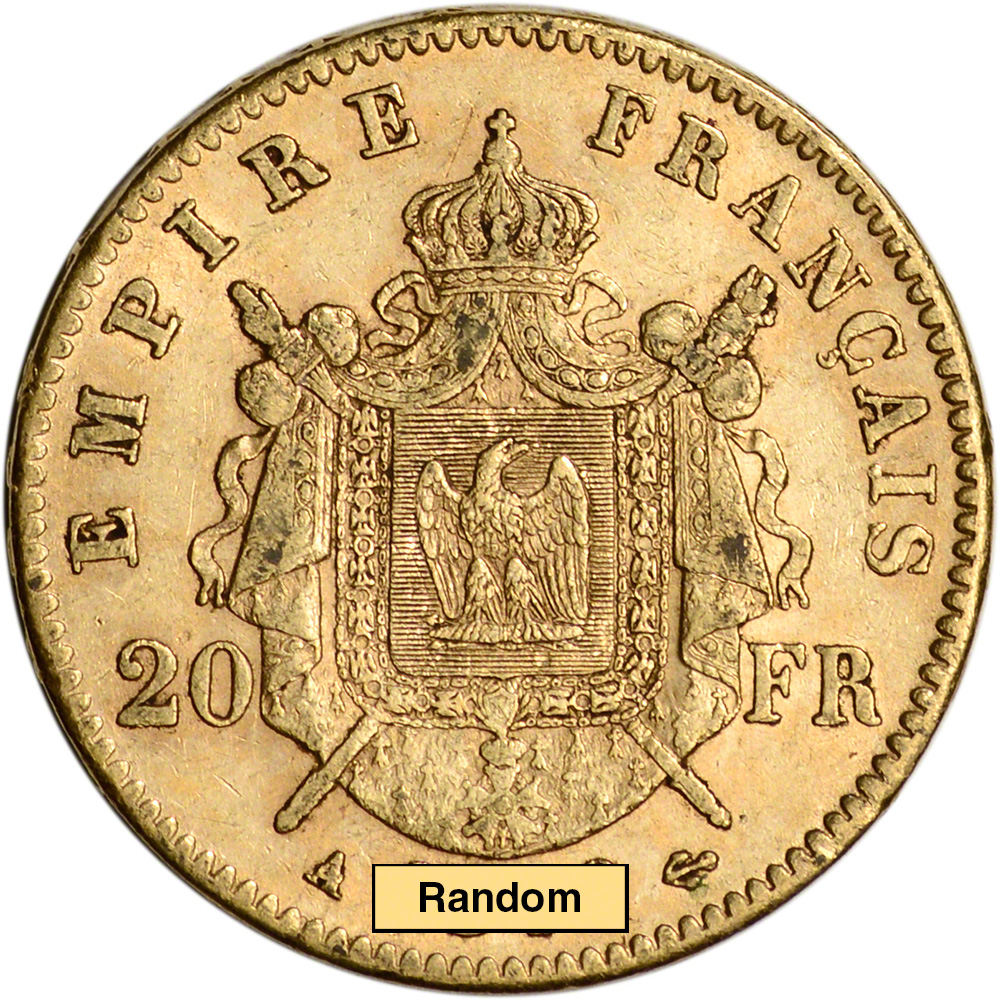 France Gold 20 Francs (.1867 oz) - Napoleon III Laureate - Avg Circ